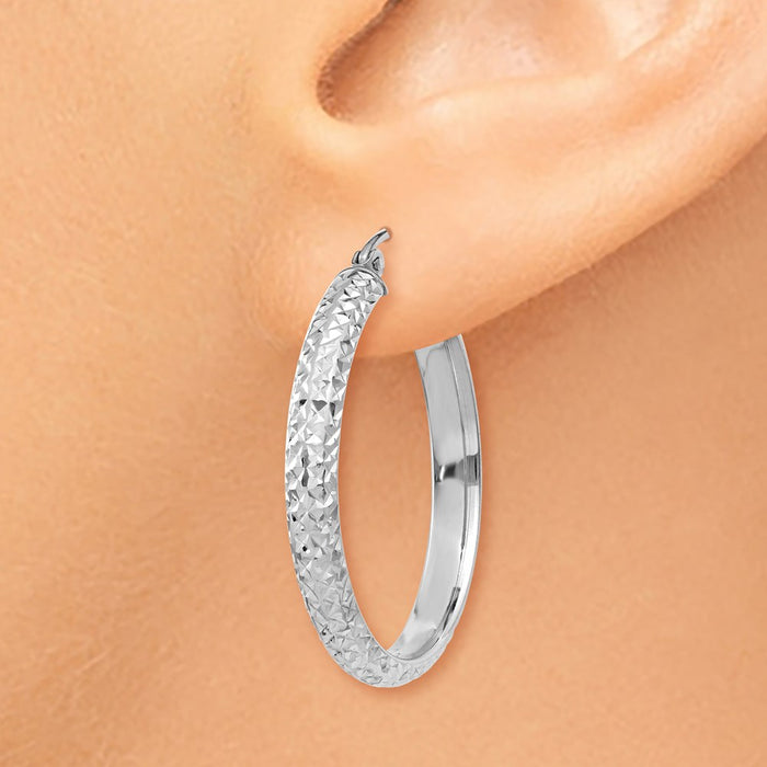 14K White Gold Diamond-cut 3.5x28mm Hollow Hoop Earrings