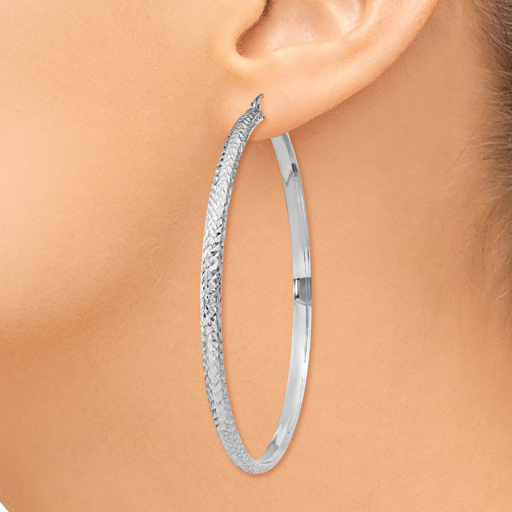 14K White Gold Diamond-cut 3.5x65mm Hollow Hoop Earrings
