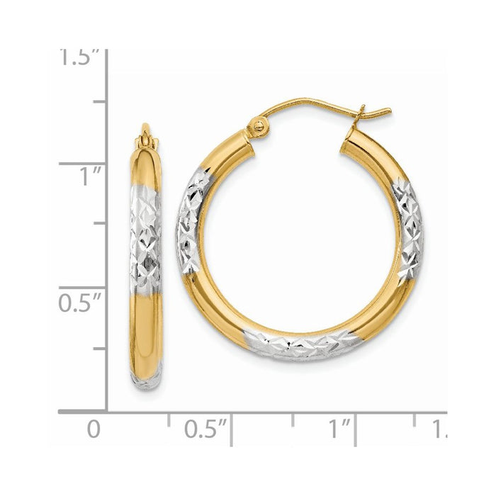 14K and Rhodium Diamond-cut 3x25mm Hoop Earrings