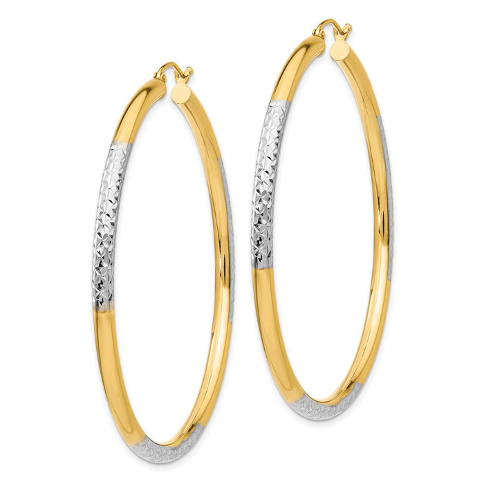 14K and Rhodium Diamond-cut 3x55mm Hoop Earrings