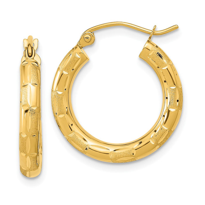 14k Polished Satin and Diamond-cut Hoop Earrings