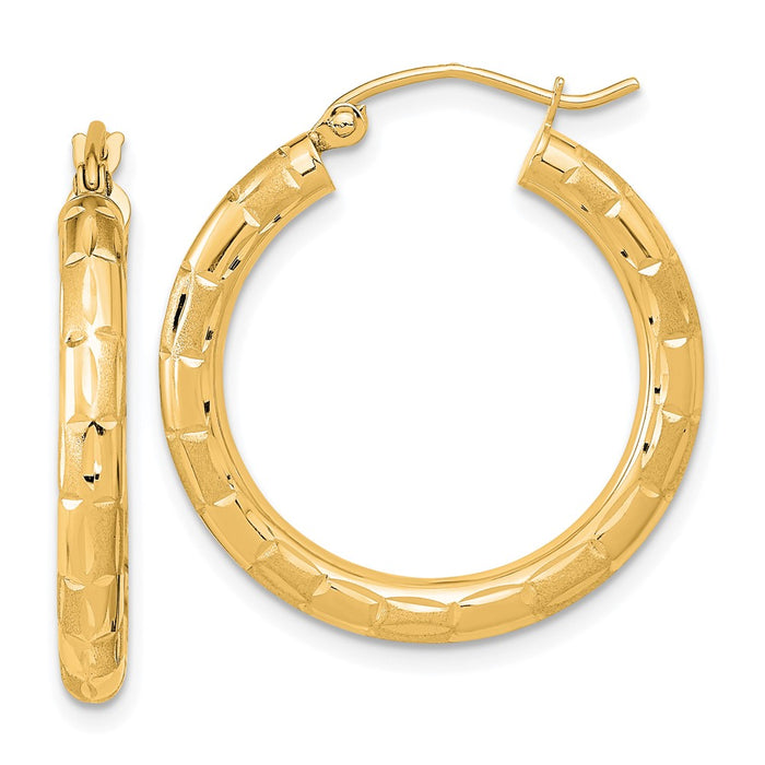 14k Polished Satin and Diamond-cut Hoop Earrings