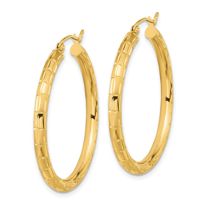 14k Polished Satin and Diamond-cut Hoop Earrings