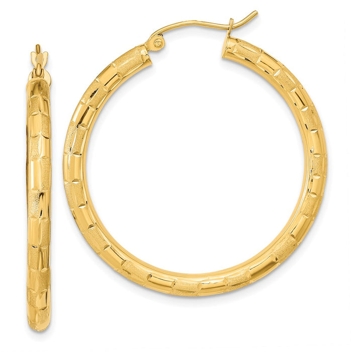 14k Polished Satin and Diamond-cut Hoop Earrings