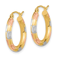 Thumbnail for 14k w/White and Rose Rhodium Polished Satin Diamond-cut Hoop Earrings