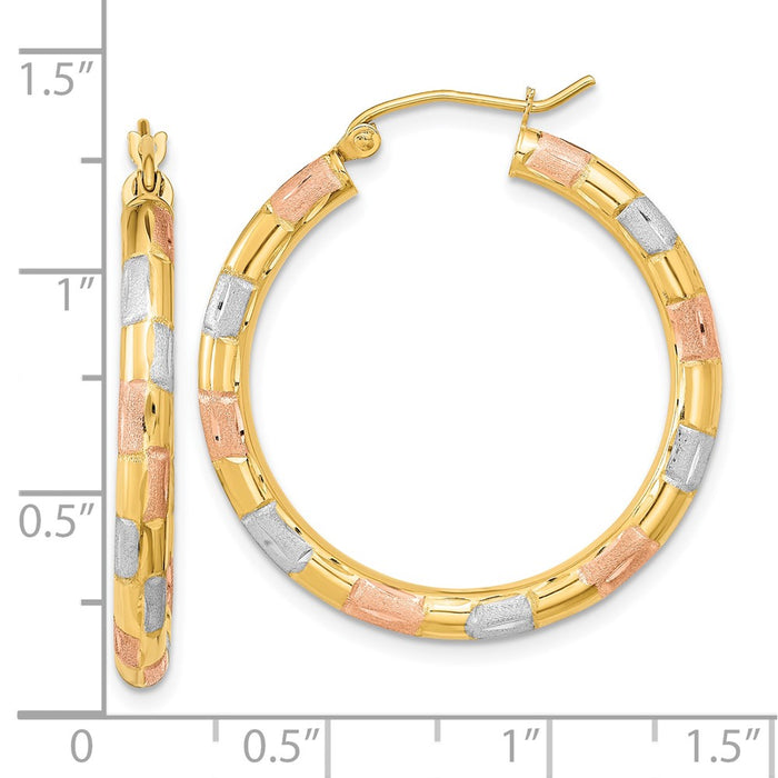 14k w/ White and Rose Rhodium Polished Satin Diamond-cut Hoop Earrings