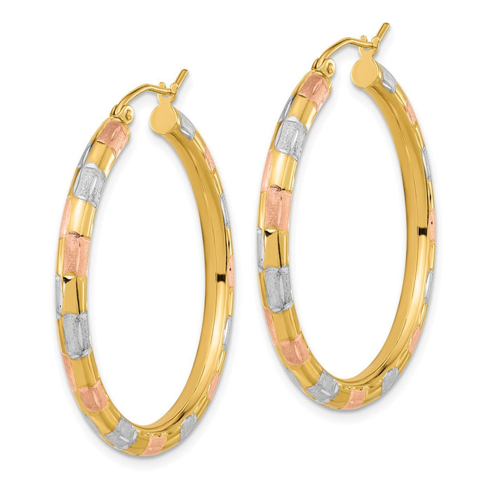 14k w/ White and Rose Rhodium Polished Satin Diamond-cut Hoop Earrings