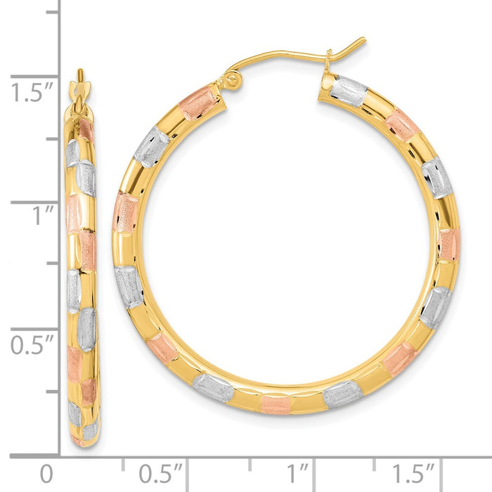 14k w/ White and Rose Rhodium Polished Satin Diamond-cut Hoop Earrings