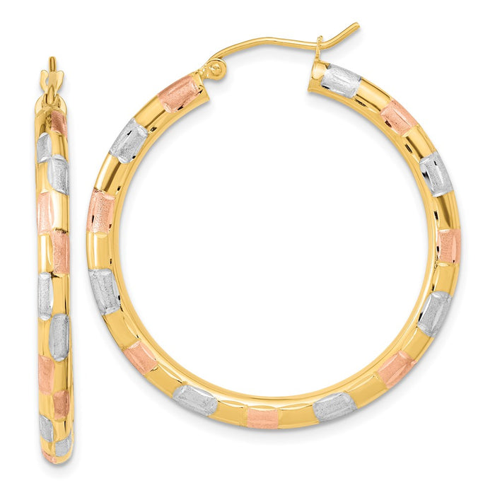 14k w/ White and Rose Rhodium Polished Satin Diamond-cut Hoop Earrings