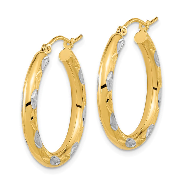 14k White Rhodium Polished Satin and Diamond-cut Hoop Earrings