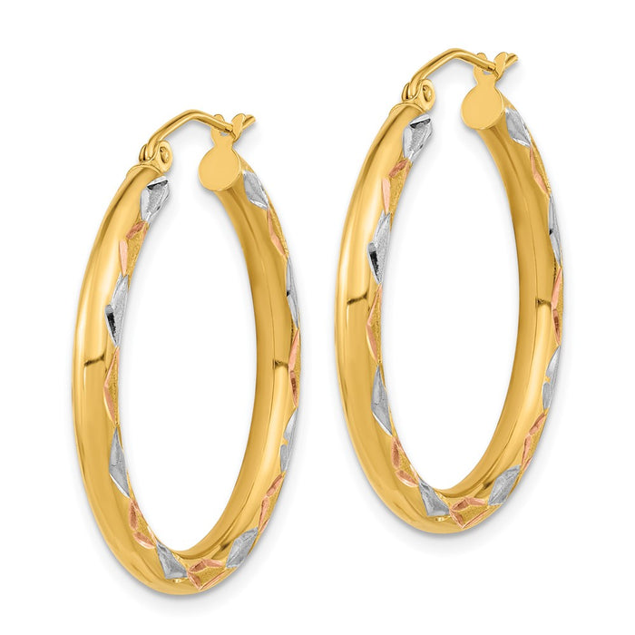 14k White Rhodium Polished Satin and Diamond-cut Hoop Earrings