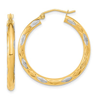 Thumbnail for 14k White Rhodium Polished Satin and Diamond-cut Hoop Earrings