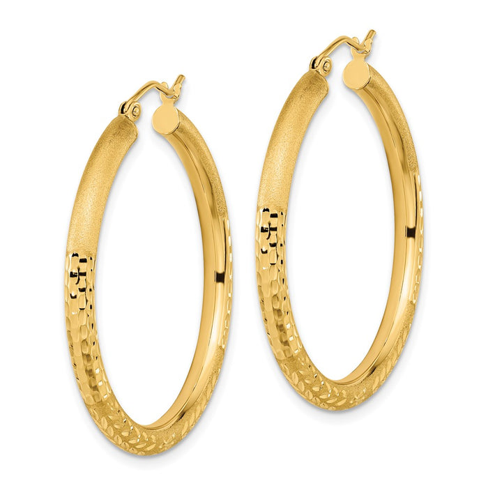 14k Polished Satin and Diamond-cut Hoop Earrings