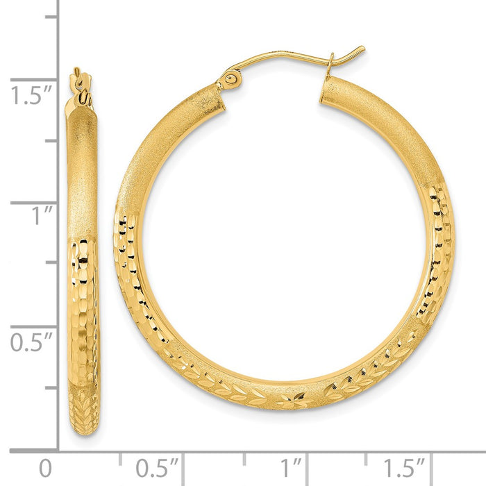 14k Polished Satin and Diamond-cut Hoop Earrings