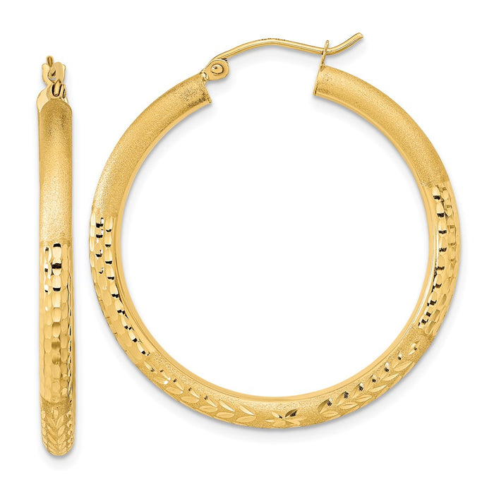 14k Polished Satin and Diamond-cut Hoop Earrings