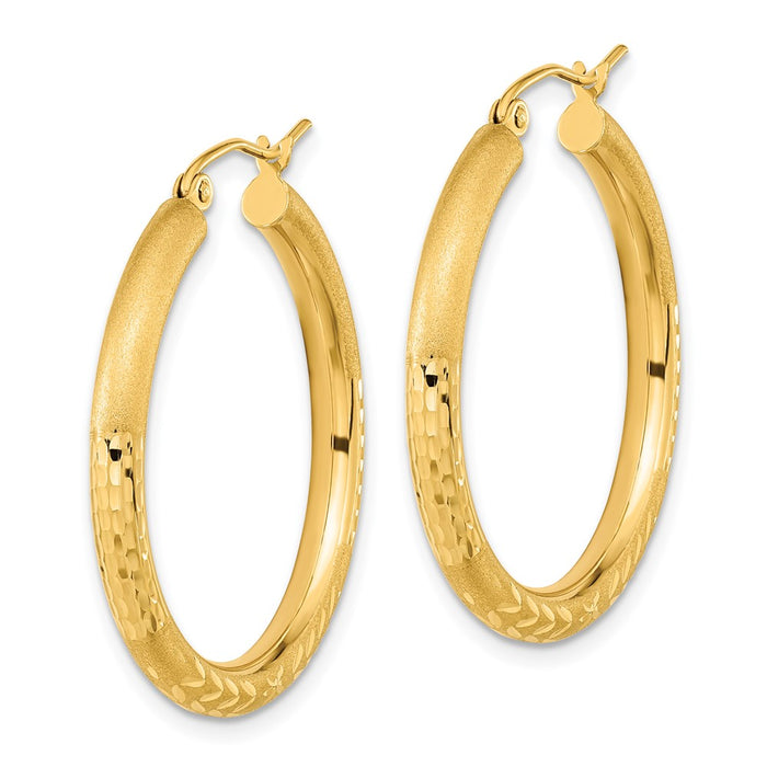 14k Polished Satin and Diamond-cut Hoop Earrings