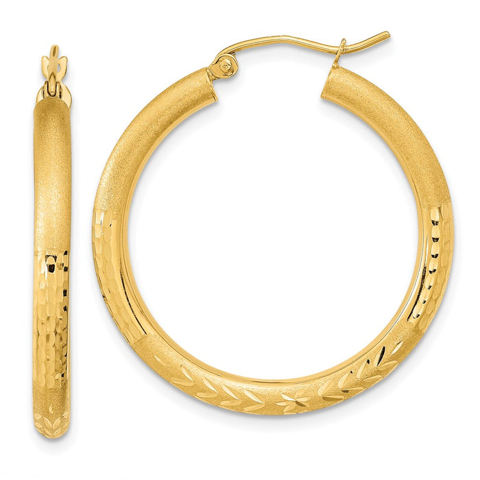 14k Polished Satin and Diamond-cut Hoop Earrings