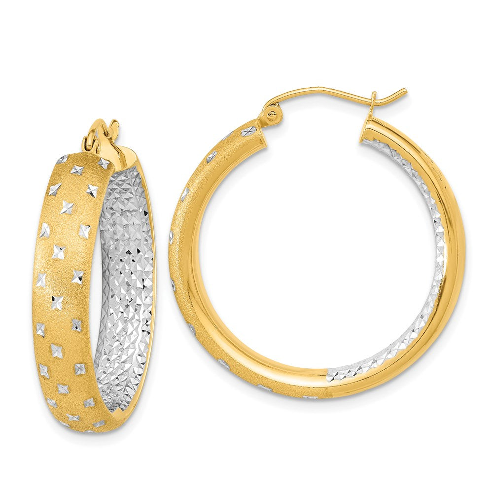 14k Polished Satin and Diamond-cut Hoop Earrings