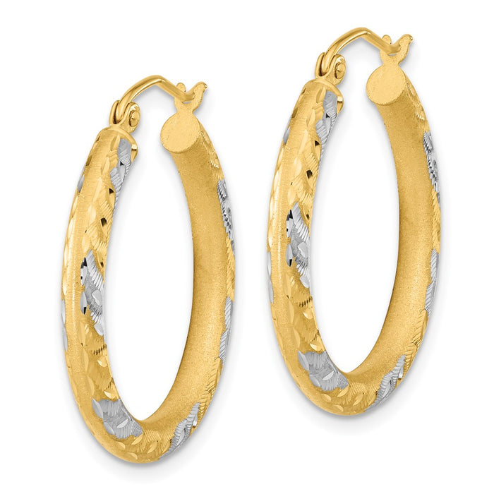 14k White Rhodium Diamond-cut Satin Hoop Earrings