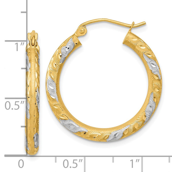 14k White Rhodium Diamond-cut Satin Hoop Earrings