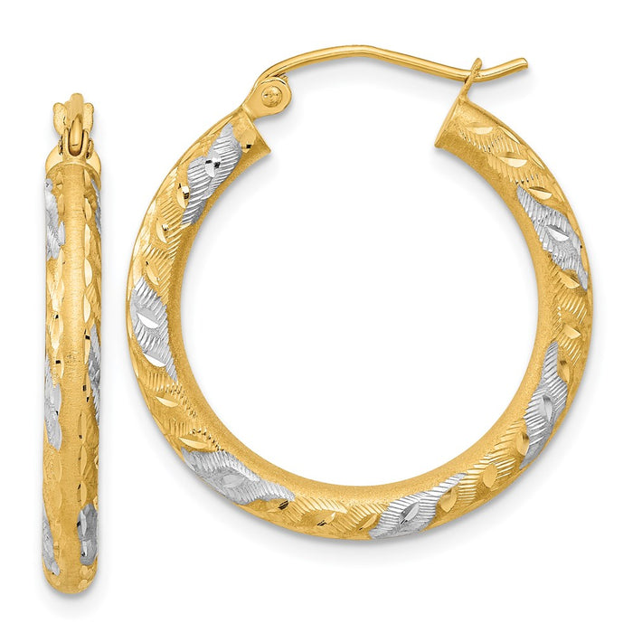 14k White Rhodium Diamond-cut Satin Hoop Earrings