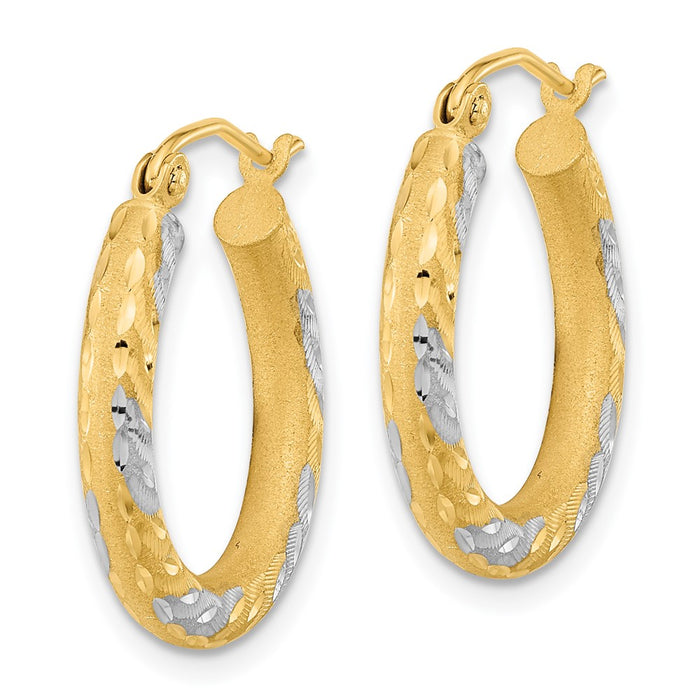 14k White Rhodium Diamond-cut Satin Hoop Earrings