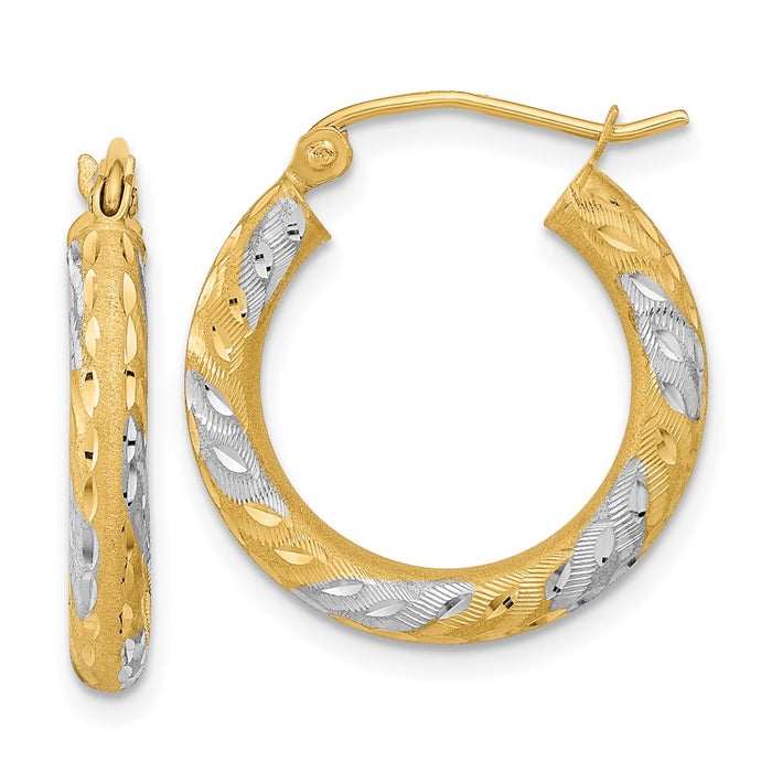 14k White Rhodium Diamond-cut Satin Hoop Earrings