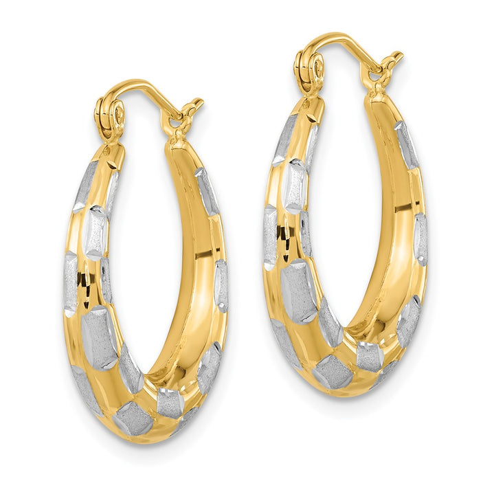 14k White Rhodium Polished Satin Diamond-cut Hoop Earrings