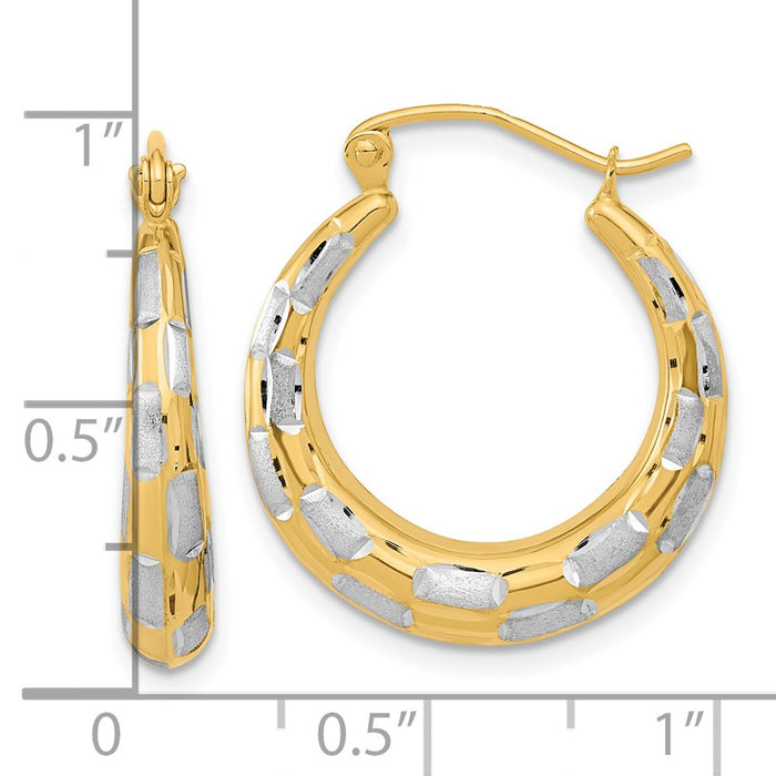 14k White Rhodium Polished Satin Diamond-cut Hoop Earrings