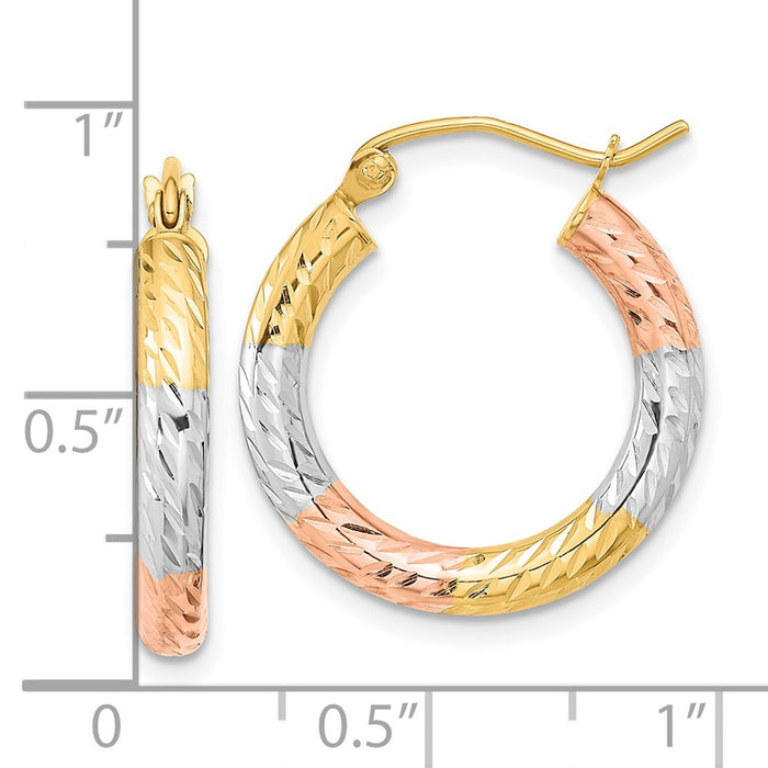 14k w/White and Rose Rhodium Polished Diamond-cut Hoop Earrings