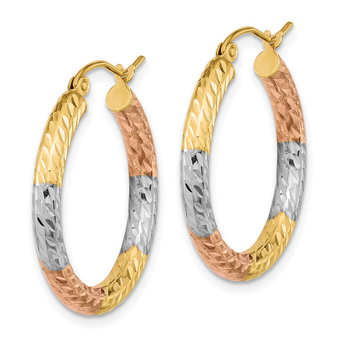 14k w/White and Rose Rhodium Polished Diamond-cut Hoop Earrings