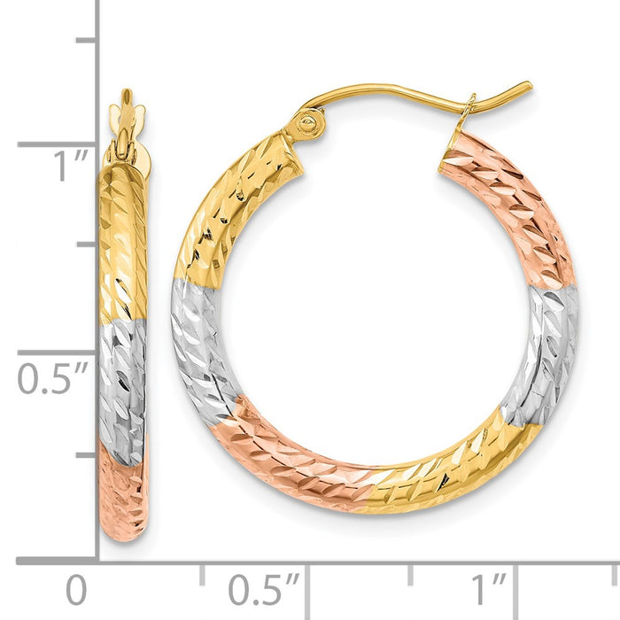 14k w/White and Rose Rhodium Polished Diamond-cut Hoop Earrings