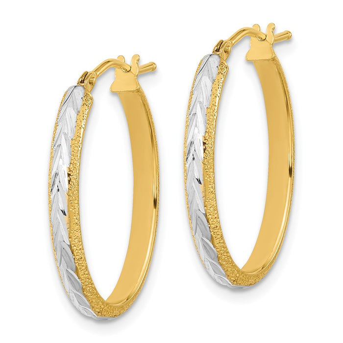 14k White Rhodium Diamond-cut Textured Hoop Earrings