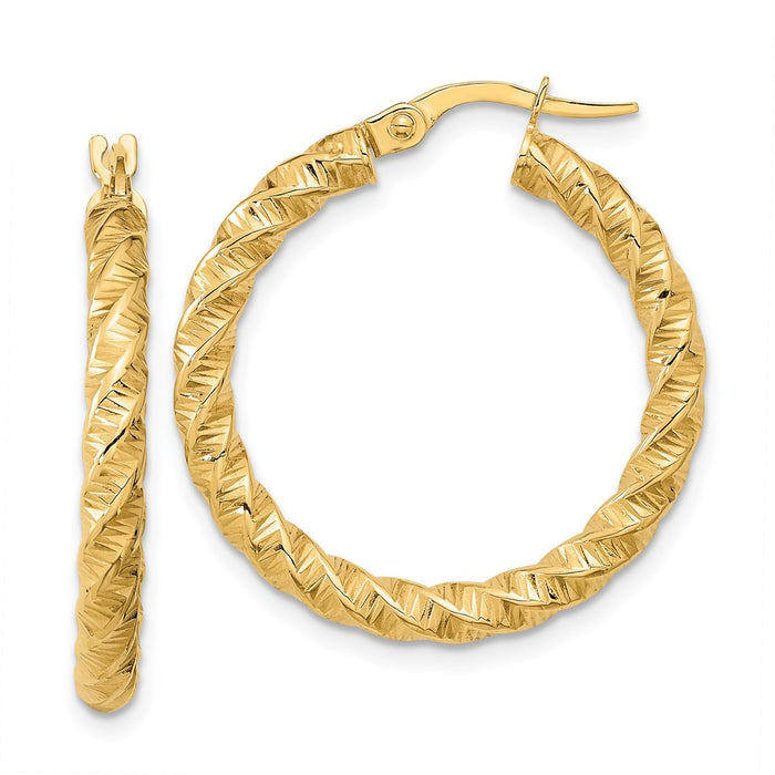 14k Gold Polished 3mm Twisted Hoop Earrings