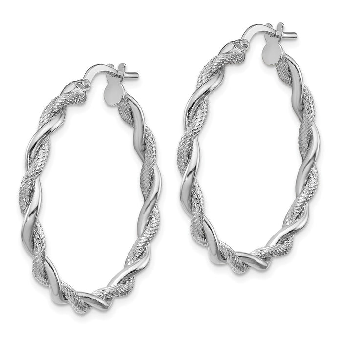 14k White Gold Large 3mm Polished & Diamond-cut Twisted Hoops