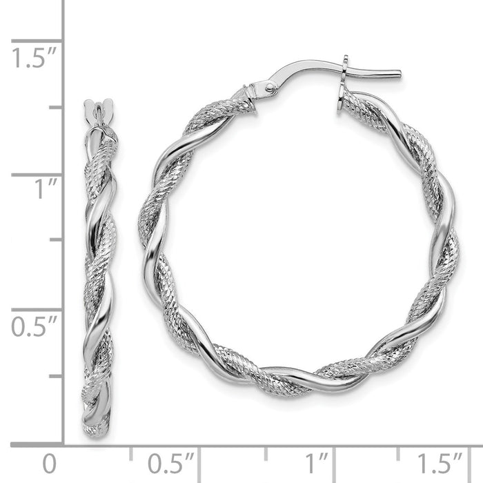14k White Gold Large 3mm Polished & Diamond-cut Twisted Hoops