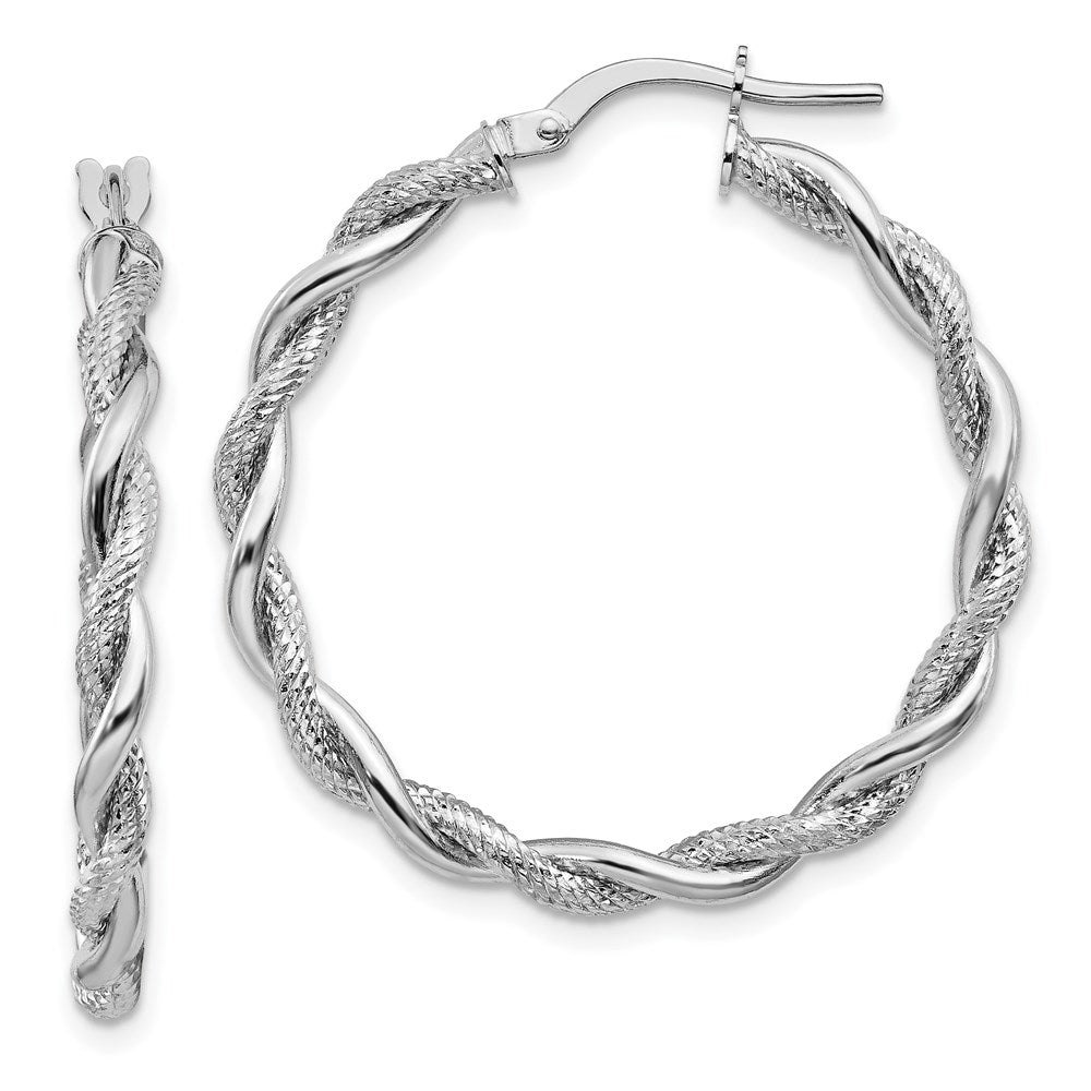 14k White Gold Large 3mm Polished & Diamond-cut Twisted Hoops