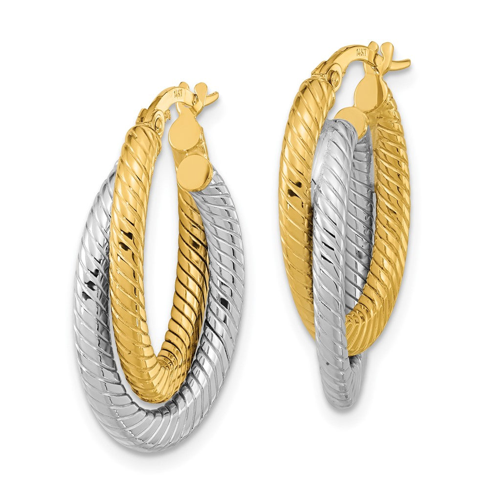 14k Two-tone Polished Textured Double Oval Hoop Earrings