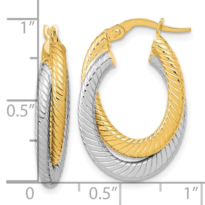 14k Two-tone Polished Textured Double Oval Hoop Earrings