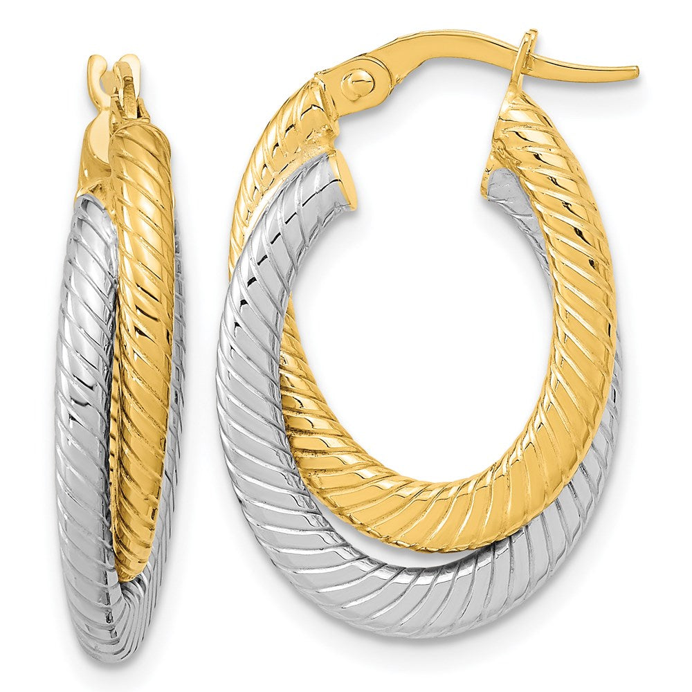 14k Two-tone Polished Textured Double Oval Hoop Earrings