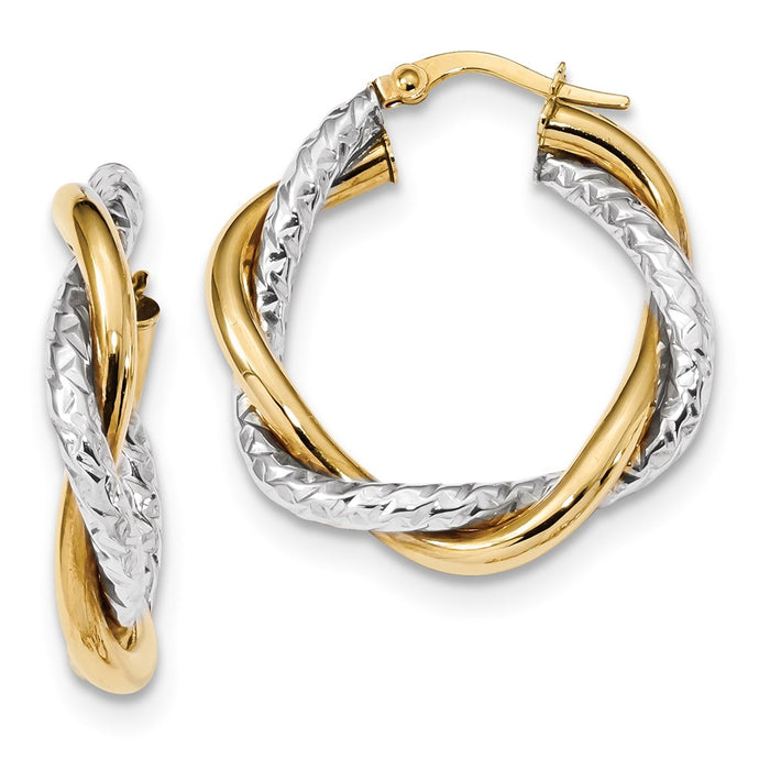 14k Two-tone Polished and Textured Twisted Hoop Earrings
