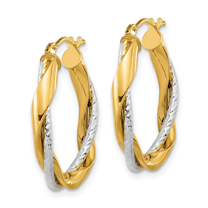 14k Two-tone Polished Rope Twisted Oval Hoop Earrings