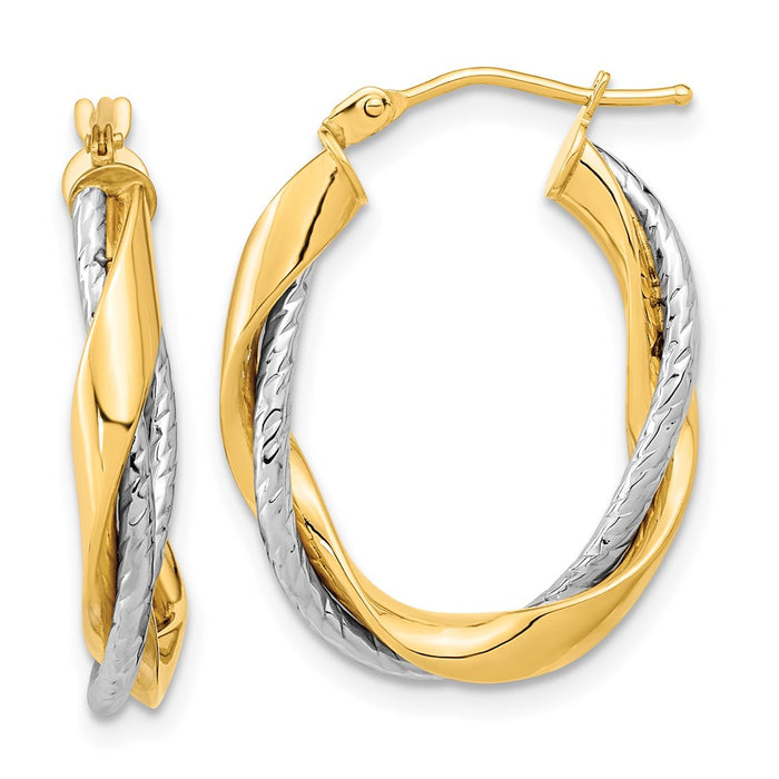 14k Two-tone Polished Rope Twisted Oval Hoop Earrings