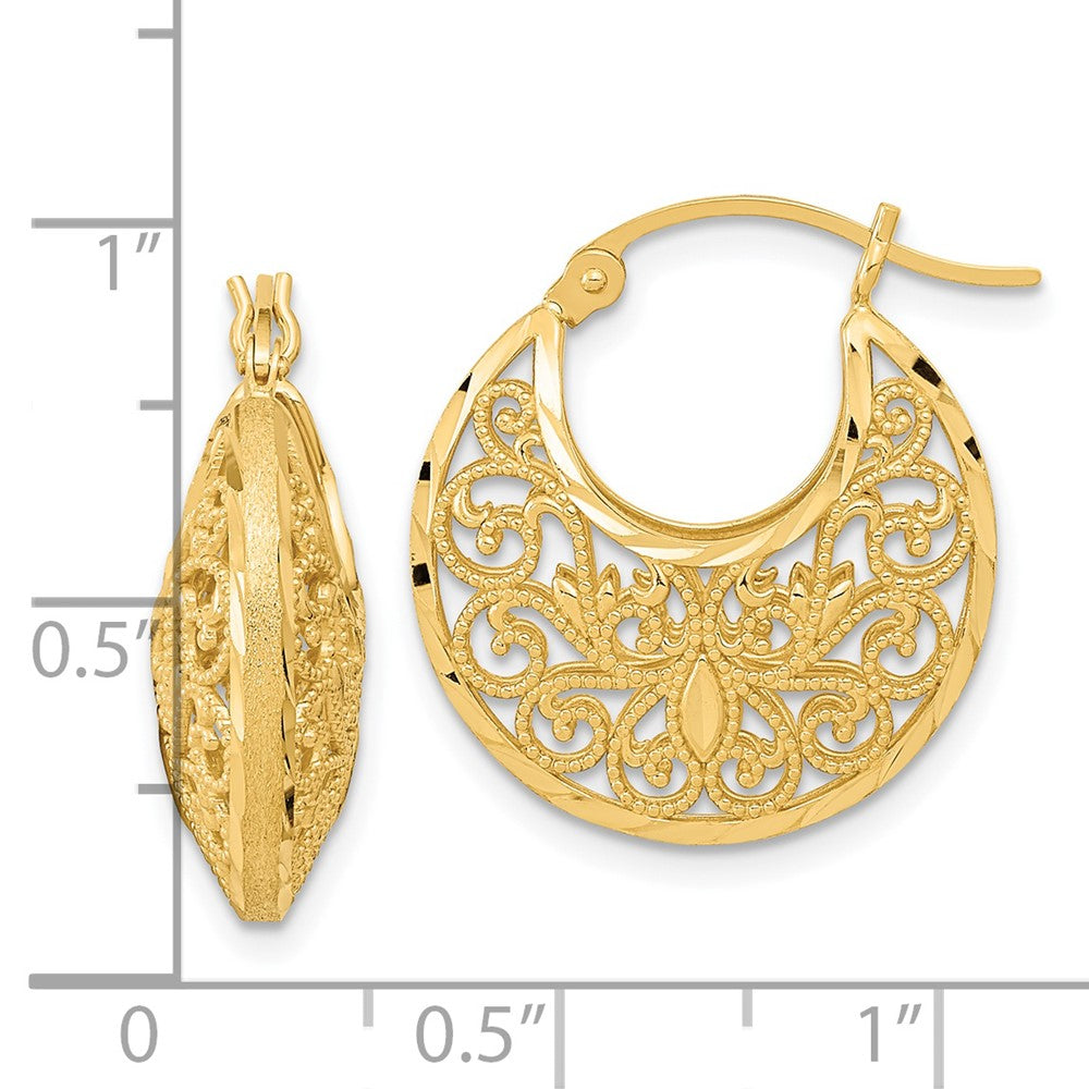 14k Diamond-cut Polished and Satin Filigree Hoop Earrings