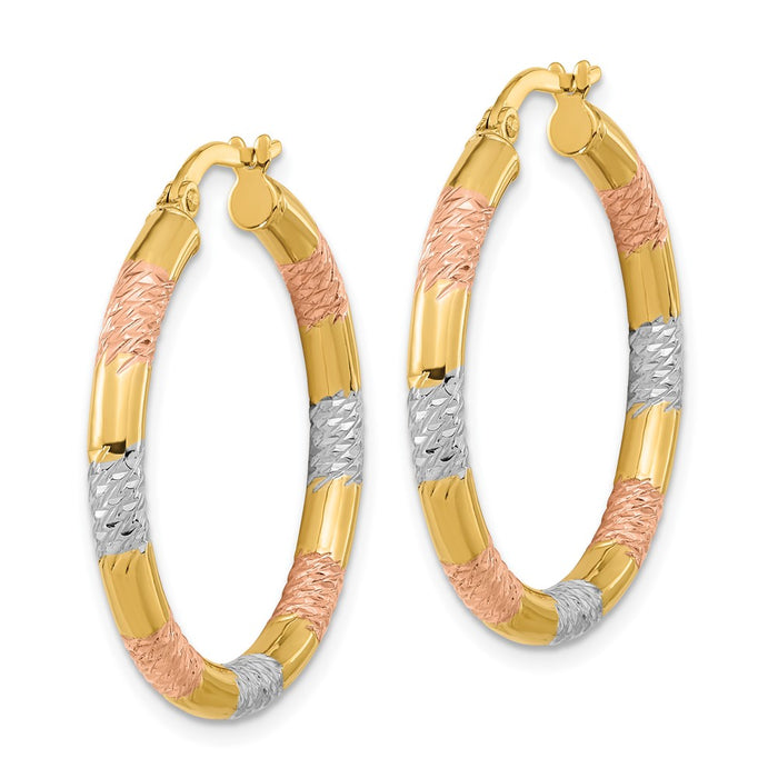 14k with Rose and White Rhodium Diamond-cut 3.0mm Hoop Earrings