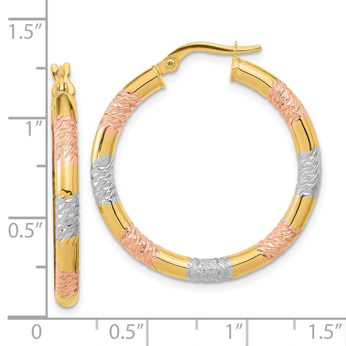 14k with Rose and White Rhodium Diamond-cut 3.0mm Hoop Earrings