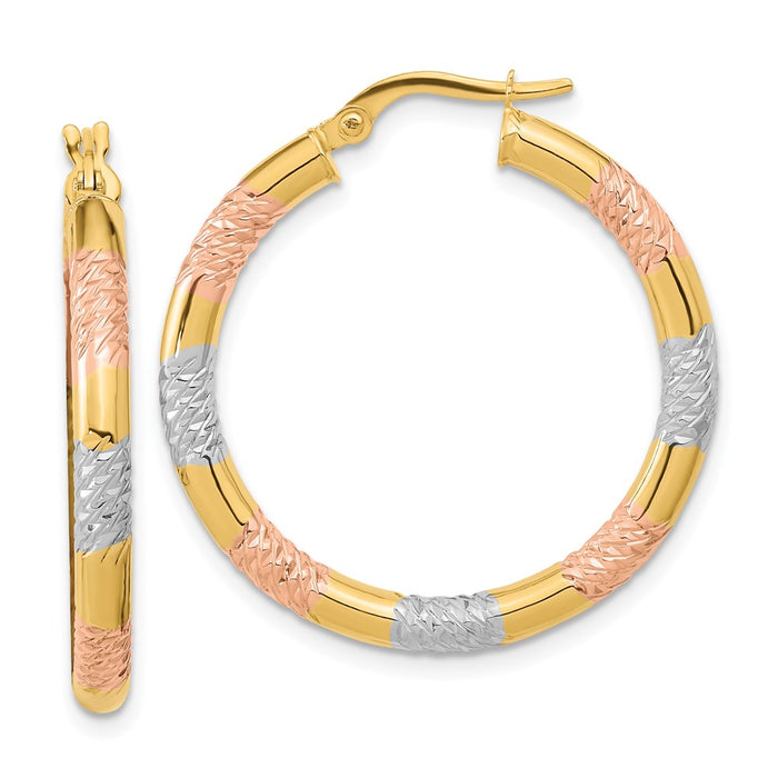 14k with Rose and White Rhodium Diamond-cut 3.0mm Hoop Earrings