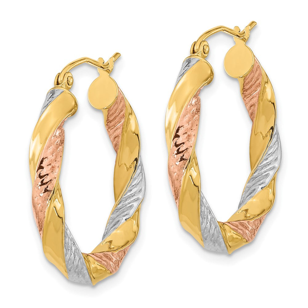 14k Tri-color Polished & D/C Twist Hoop Earrings