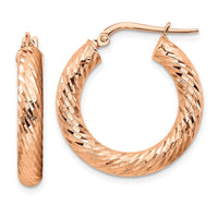 Thumbnail for 14k 4x15mm Rose Gold Diamond-cut Round Hoop Earrings
