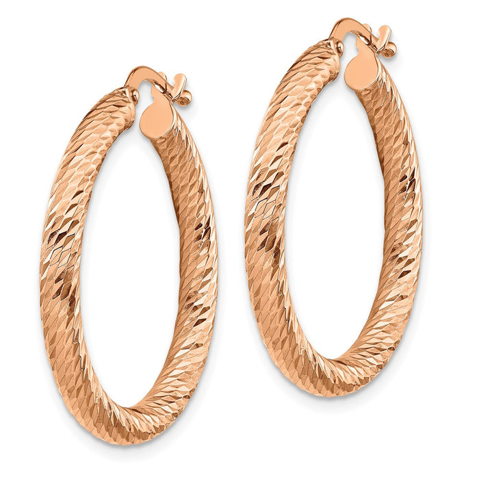 14k 3x25mm Rose Gold Diamond-cut Round Hoop Earrings